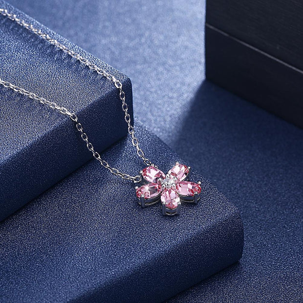 5 Pedal Flower Sterling Silver Necklace with  Crystals