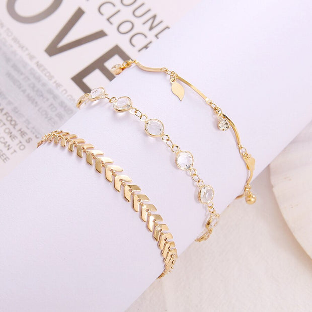 3PCS/SET Gold Color Crystal Star Female Anklets
