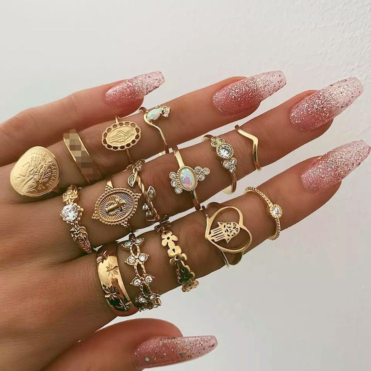 15 Pcs/set Vintage Women Hearts Fatima Hands Cross Crown Fashion Ring