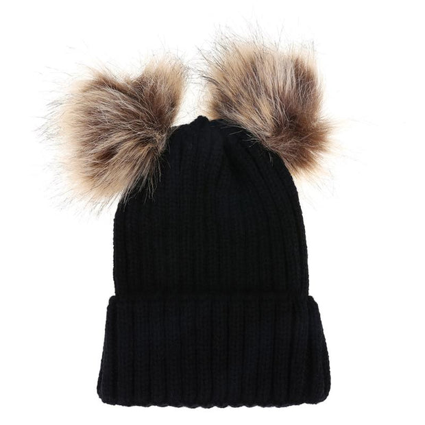 Fashion Parent-child Caps Cute Infant Baby Pompon Winter Hat Double Fur Ball Hat