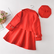 Fashion Outfits Girls 2PCS Woolen Princess Clothes Set Long Sleeve Coat Outwear+Tank-Dress Kids Children Autumn Suit+Hat S11544