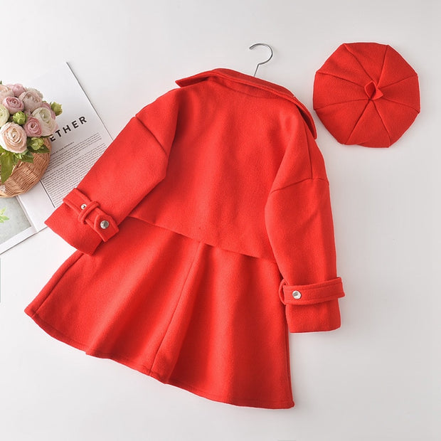 Fashion Outfits Girls 2PCS Woolen Princess Clothes Set Long Sleeve Coat Outwear+Tank-Dress Kids Children Autumn Suit+Hat S11544
