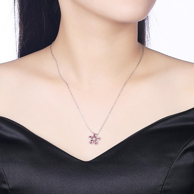5 Pedal Flower Sterling Silver Necklace with  Crystals