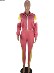 women zip up long sleeve trench top patchwork pants suit 2pcs set fahion vintage tracksuit outfit sporting S-3XL LM8042
