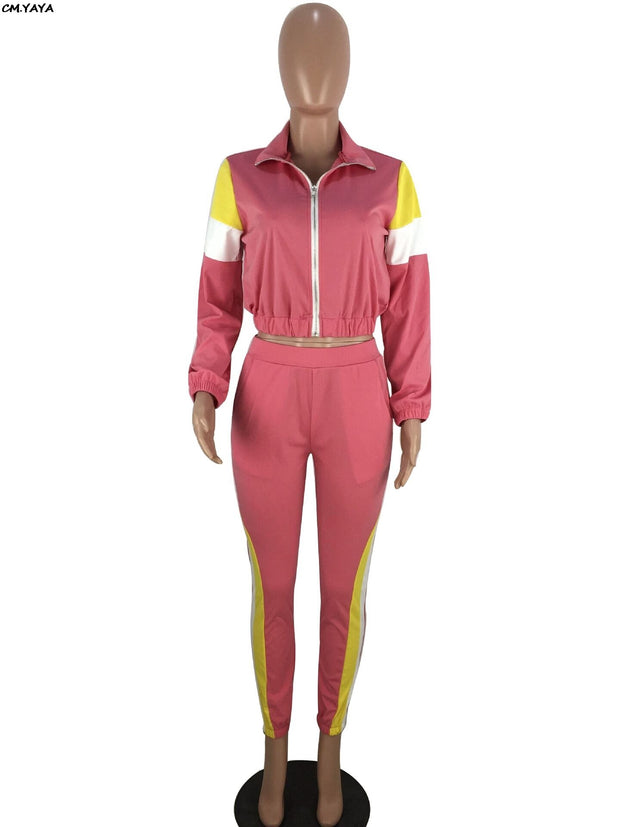 women zip up long sleeve trench top patchwork pants suit 2pcs set fahion vintage tracksuit outfit sporting S-3XL LM8042