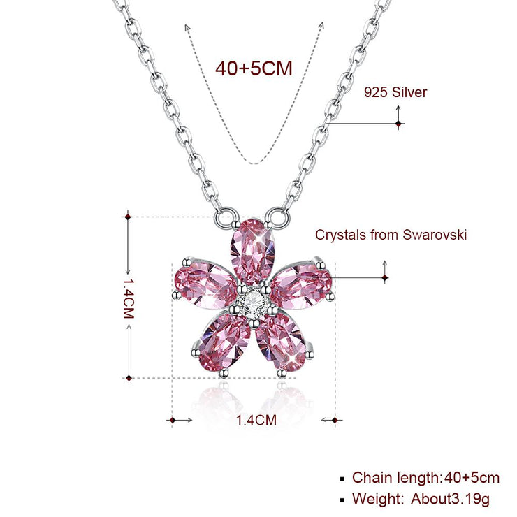 5 Pedal Flower Sterling Silver Necklace with  Crystals
