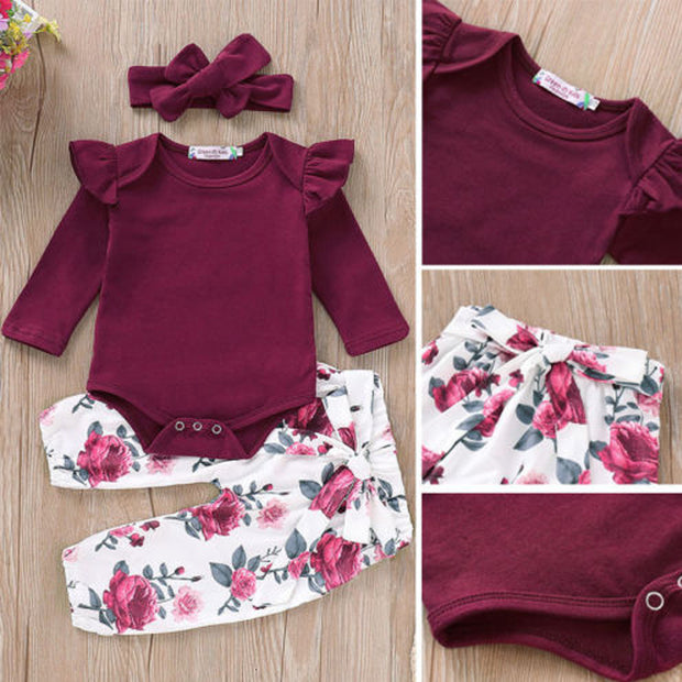 3PCS Newborn Baby Girls Tracksuit Romper Jumpsuit Tops Floral Pants Headband