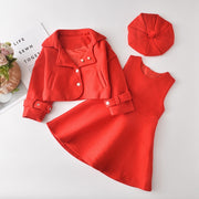 Fashion Outfits Girls 2PCS Woolen Princess Clothes Set Long Sleeve Coat Outwear+Tank-Dress Kids Children Autumn Suit+Hat S11544