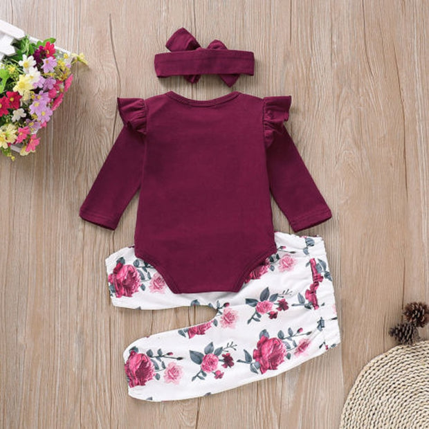 3PCS Newborn Baby Girls Tracksuit Romper Jumpsuit Tops Floral Pants Headband