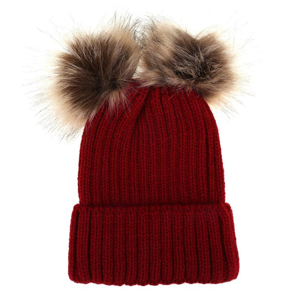 Fashion Parent-child Caps Cute Infant Baby Pompon Winter Hat Double Fur Ball Hat