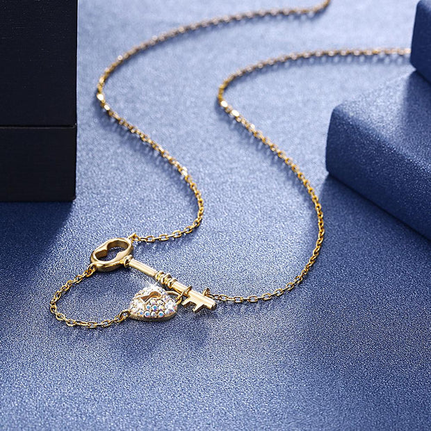 5 Pedal Flower Key to my heart Sterling Silver Necklace with  Crystals