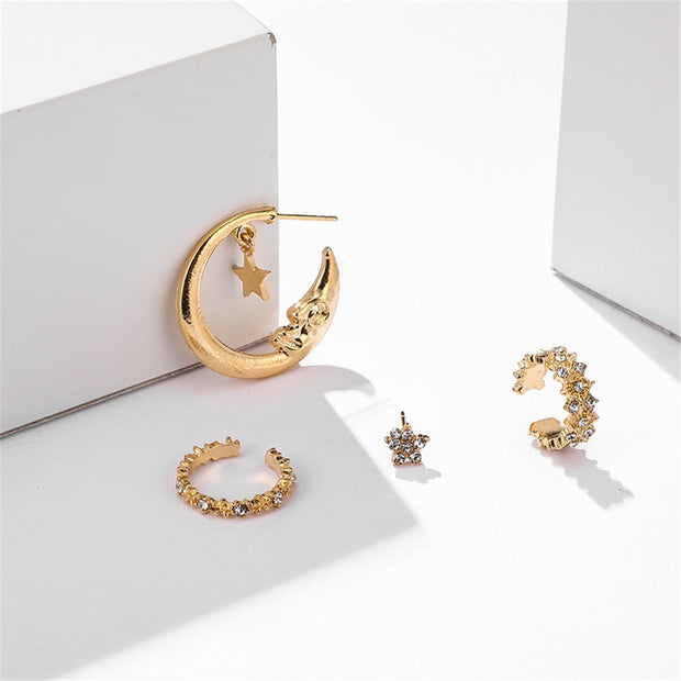 4 Pcs/set Bohemian Moon Star Crystal Stud Earrings