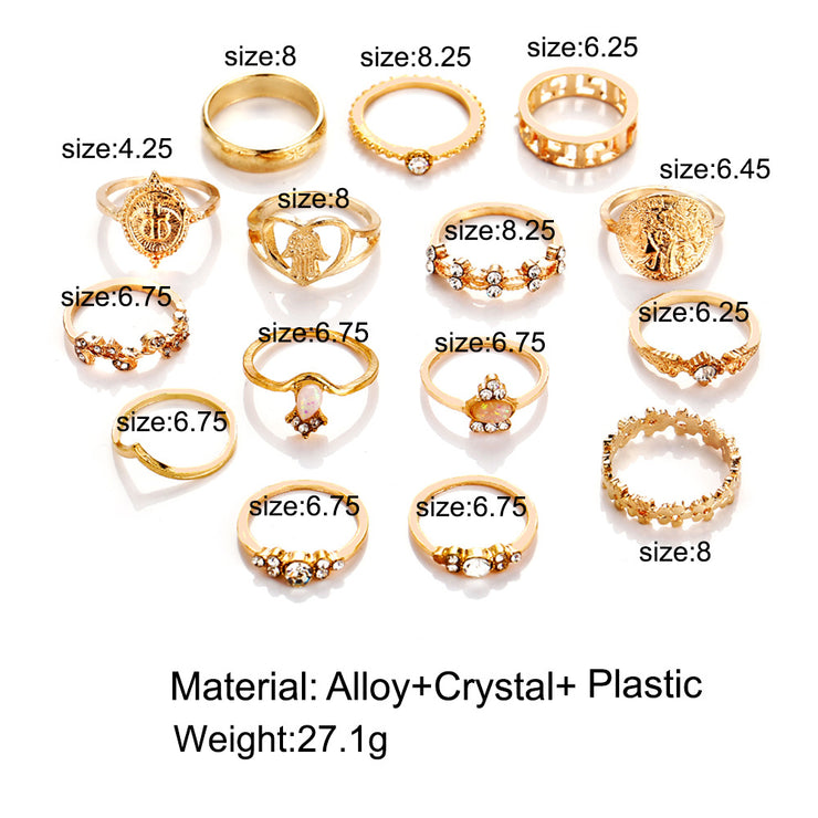 15 Pcs/set Vintage Women Hearts Fatima Hands Cross Crown Fashion Ring