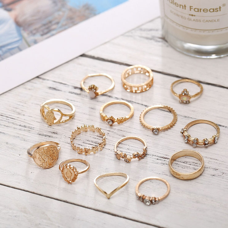 15 Pcs/set Vintage Women Hearts Fatima Hands Cross Crown Fashion Ring