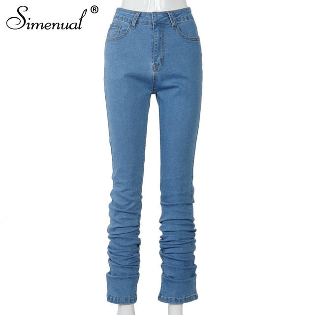 Simenual Ruched Denim Blue High Waist Stacked Pants Autumn 2021 Women Clothing Streetwear Jeans Fashion Skinny Pockets Trousers