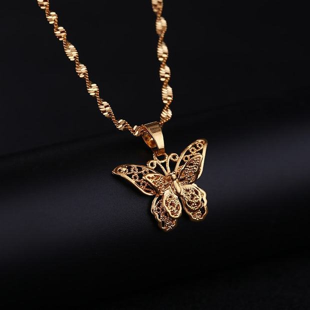 St.kunkka Butterfly Statement Necklaces Pendants Woman Chokers Collar Water Wave Chain Bib 24K Yellow Gold Filled Chunky Jewelry