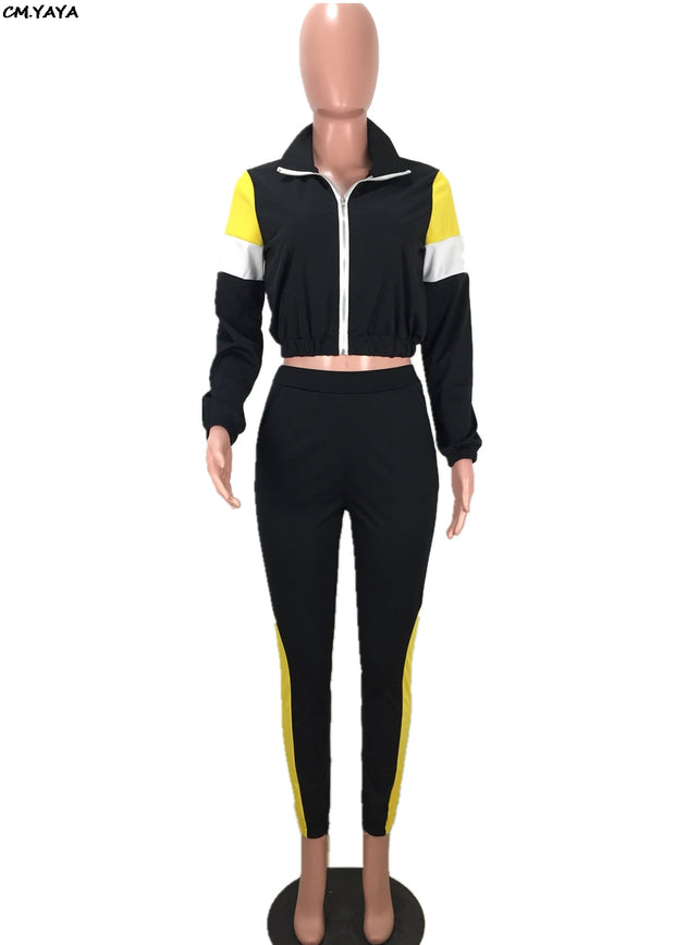 women zip up long sleeve trench top patchwork pants suit 2pcs set fahion vintage tracksuit outfit sporting S-3XL LM8042