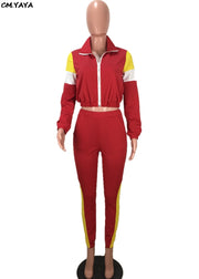 women zip up long sleeve trench top patchwork pants suit 2pcs set fahion vintage tracksuit outfit sporting S-3XL LM8042