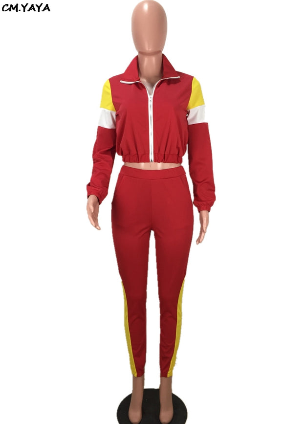 women zip up long sleeve trench top patchwork pants suit 2pcs set fahion vintage tracksuit outfit sporting S-3XL LM8042