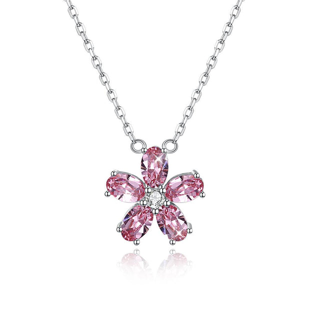 5 Pedal Flower Sterling Silver Necklace with  Crystals