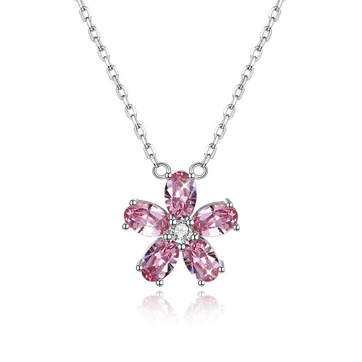 5 Pedal Flower Sterling Silver Necklace with  Crystals