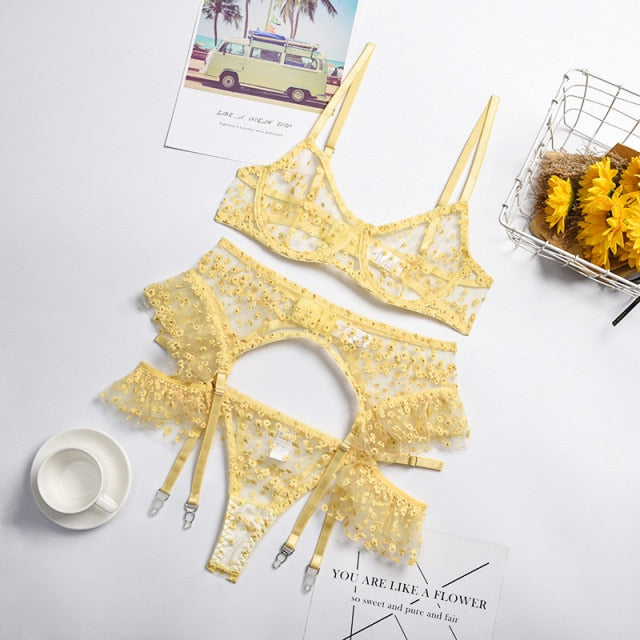 2-piece Yellow Floral Mesh Patchwork Panty Bra Set