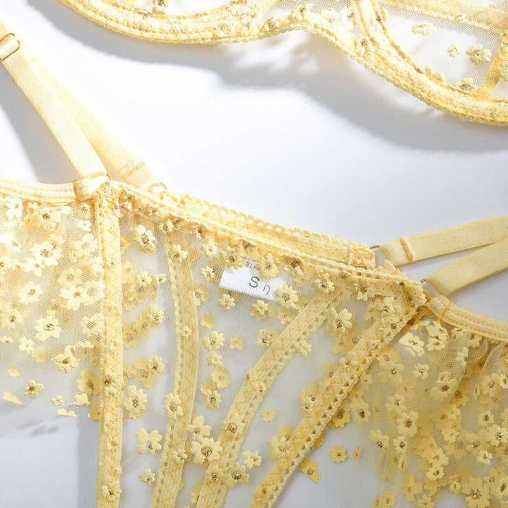 2-piece Yellow Floral Mesh Patchwork Panty Bra Set