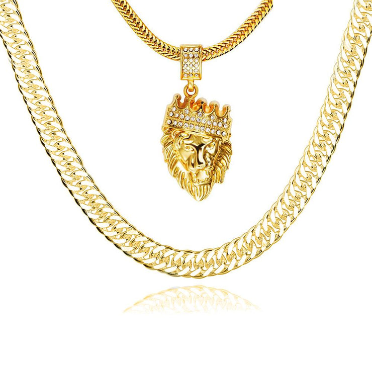 18k Gold Plated Lion Necklace And Cuban Chain