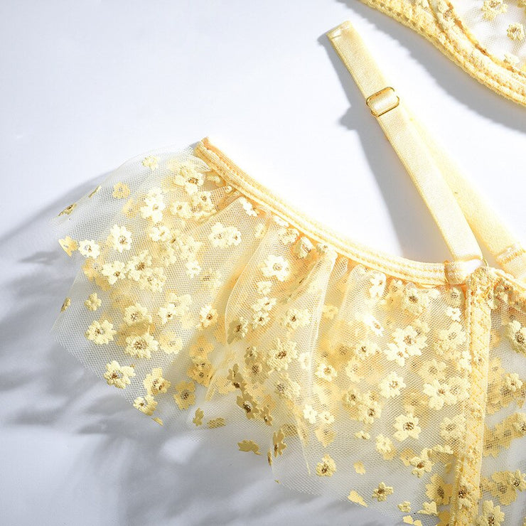 2-piece Yellow Floral Mesh Patchwork Panty Bra Set