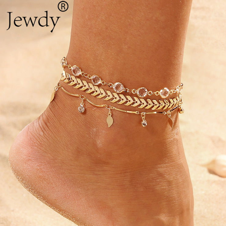 3PCS/SET Gold Color Crystal Star Female Anklets