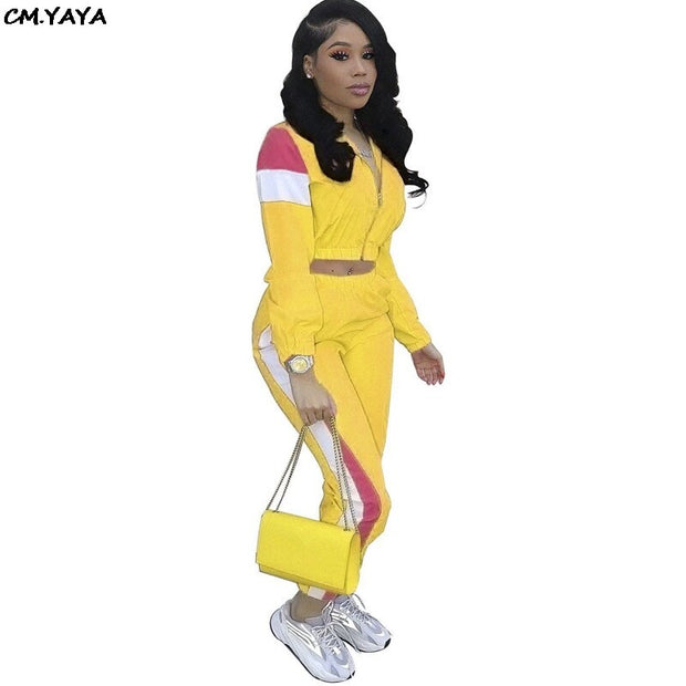 women zip up long sleeve trench top patchwork pants suit 2pcs set fahion vintage tracksuit outfit sporting S-3XL LM8042