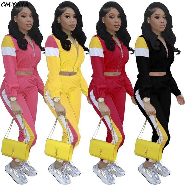 women zip up long sleeve trench top patchwork pants suit 2pcs set fahion vintage tracksuit outfit sporting S-3XL LM8042