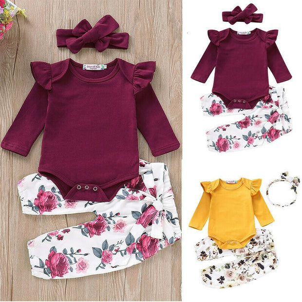 3PCS Newborn Baby Girls Tracksuit Romper Jumpsuit Tops Floral Pants Headband