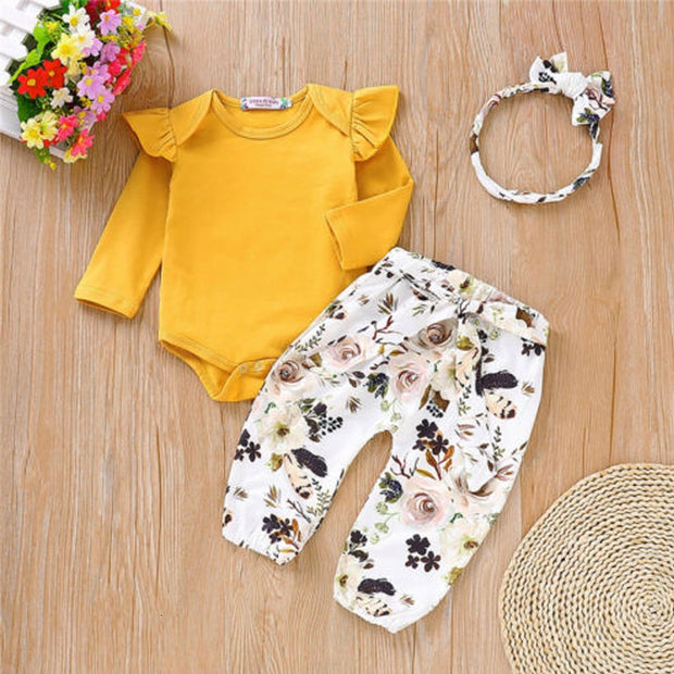 3PCS Newborn Baby Girls Tracksuit Romper Jumpsuit Tops Floral Pants Headband