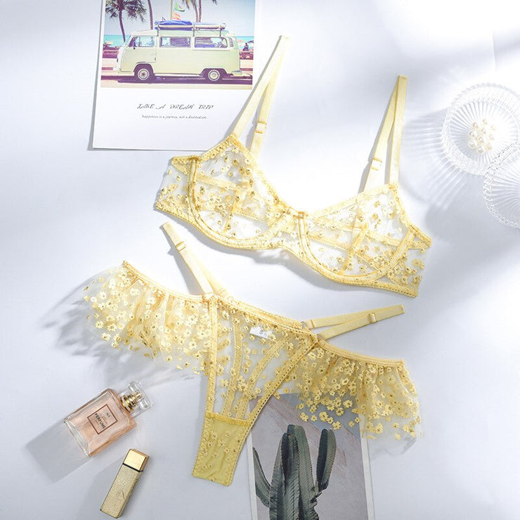 2-piece Yellow Floral Mesh Patchwork Panty Bra Set