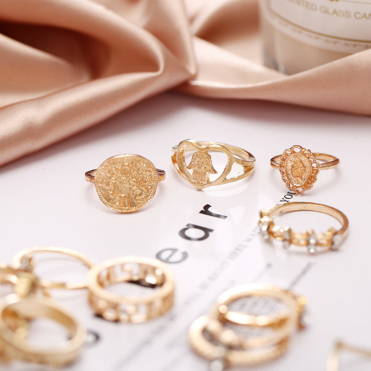 15 Pcs/set Vintage Women Hearts Fatima Hands Cross Crown Fashion Ring