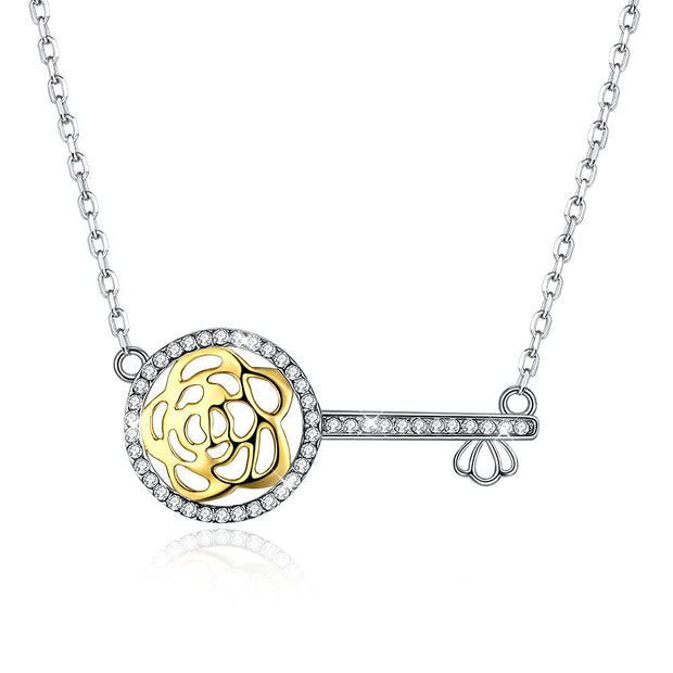 Flower Key Sterling Silver Necklace with  Crystals