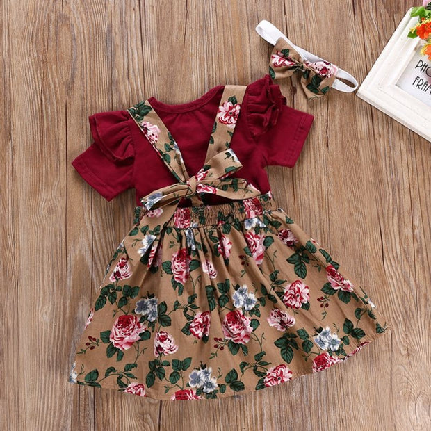 Summer Baby Girl Clothes Set Short Sleeve Flare Romper + Floral Print Dress +Bow Headband