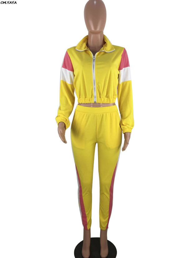 women zip up long sleeve trench top patchwork pants suit 2pcs set fahion vintage tracksuit outfit sporting S-3XL LM8042