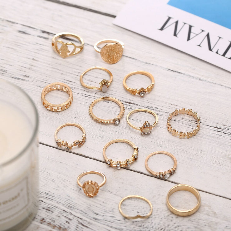 15 Pcs/set Vintage Women Hearts Fatima Hands Cross Crown Fashion Ring