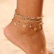 3PCS/SET Gold Color Crystal Star Female Anklets