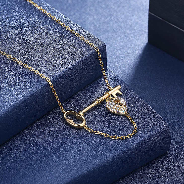 5 Pedal Flower Key to my heart Sterling Silver Necklace with  Crystals