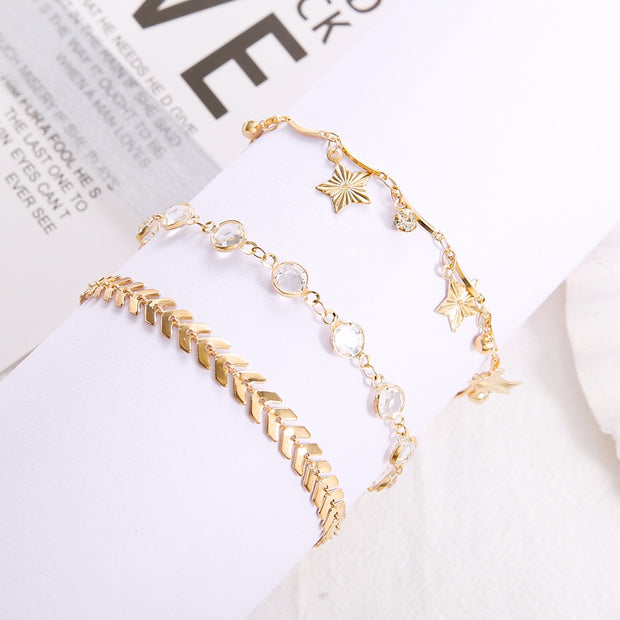 3PCS/SET Gold Color Crystal Star Female Anklets
