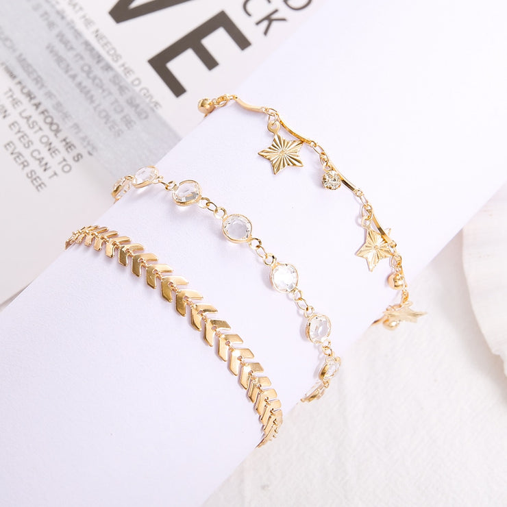 3PCS/SET Gold Color Crystal Star Female Anklets
