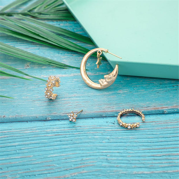 4 Pcs/set Bohemian Moon Star Crystal Stud Earrings