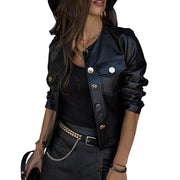 Black Faux Leather Jacket For Women Fashion Pu Leather Lady Coat Jackets With Zipper Outerwear Long Sleeve O Neck Female Top D30