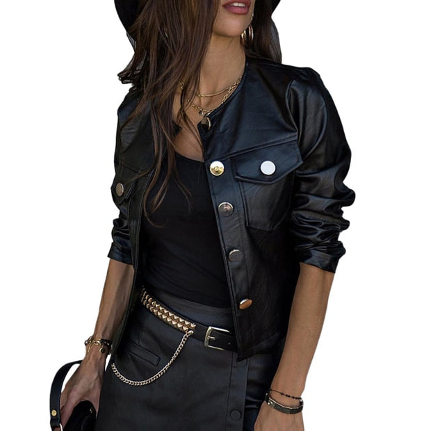 Black Faux Leather Jacket For Women Fashion Pu Leather Lady Coat Jackets With Zipper Outerwear Long Sleeve O Neck Female Top D30