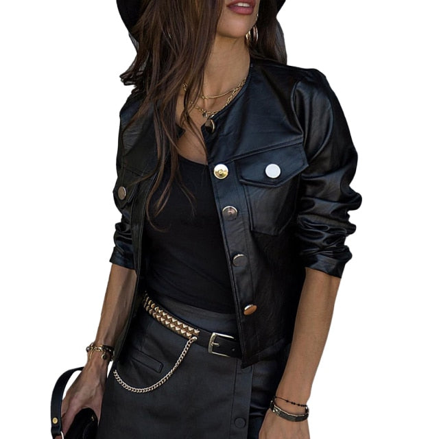 Black Faux Leather Jacket For Women Fashion Pu Leather Lady Coat Jackets With Zipper Outerwear Long Sleeve O Neck Female Top D30