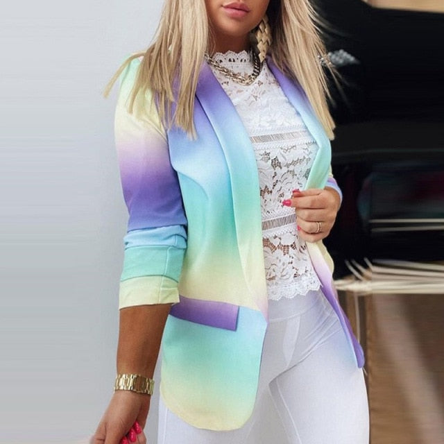 Fashion Slim Suit Blazer Spring Casual Elegant Office Lady Long Sleeve Notched Collar Top Autumn New Women Print Cardigan Jacket