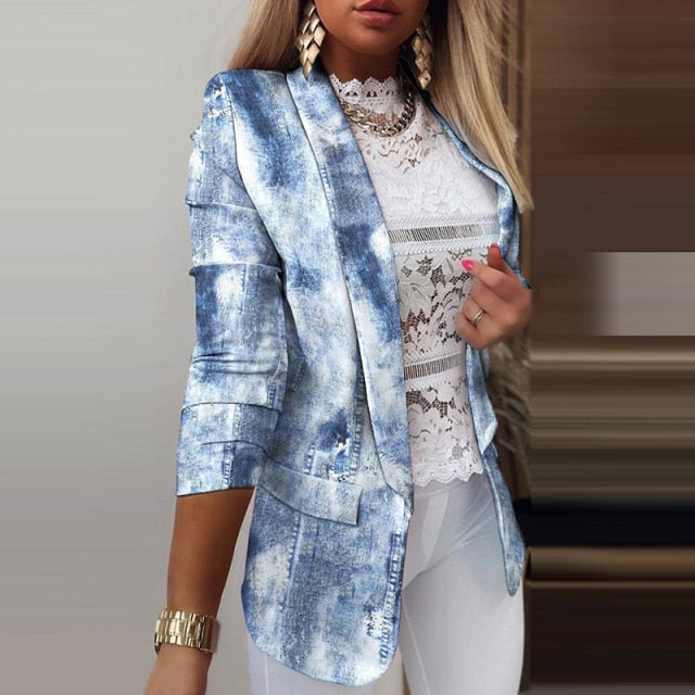 Fashion Slim Suit Blazer Spring Casual Elegant Office Lady Long Sleeve Notched Collar Top Autumn New Women Print Cardigan Jacket